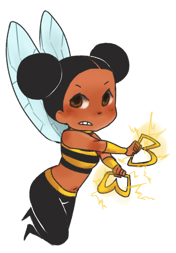 1girl black_hair brown_eyes bumble_bee cartoon_network chibi dark-skinned_female dark_skin dc_comics double_bun female_focus flying hair_bun insect_wings karen_beecher midriff pants shirt sleeveless solo striped_clothes striped_shirt teen_titans wings