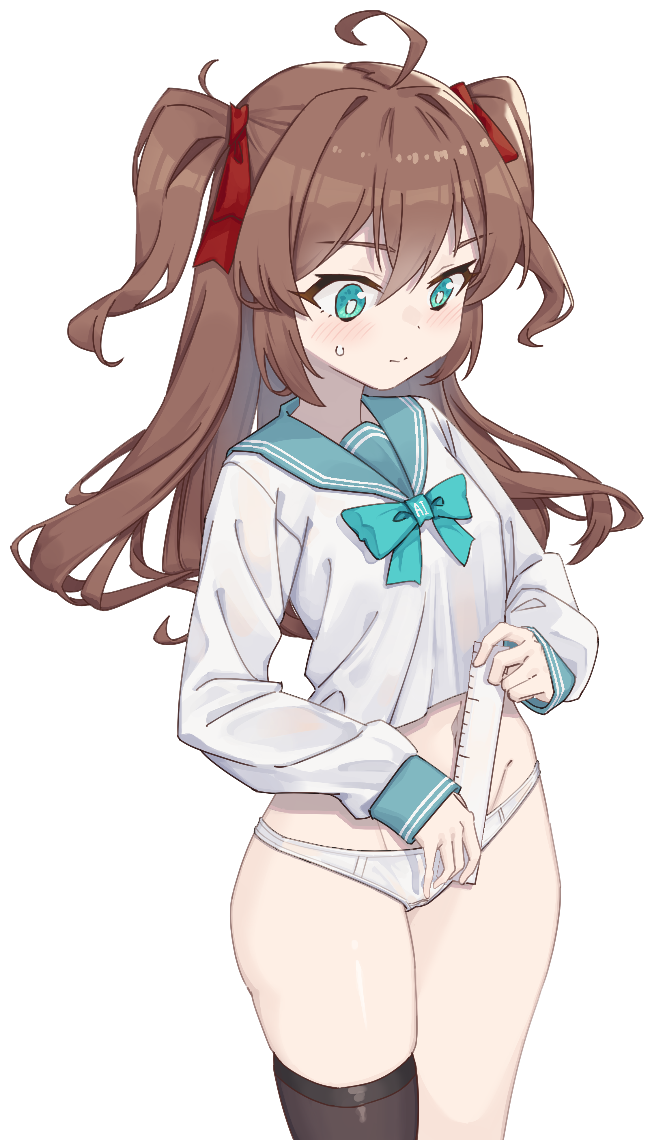 1girl absurdres ahoge aqua_bow aqua_sailor_collar black_thighhighs blush bow breasts brown_hair chinese_commentary commentary cropped_shirt crossed_bangs english_commentary hair_between_eyes hair_ribbon highres holding_ruler indie_virtual_youtuber live2d_inc. long_hair long_sleeves midriff mixed-language_commentary momose_hiyori neuro-sama no_pants paid_reward_available panties parted_bangs puffy_sleeves ribbon ruler rune_(dualhart) sailor_collar school_uniform sidelocks simple_background single_thighhigh sleeve_cuffs sleeves_past_wrists small_breasts solo sweatdrop thighhighs transparent_background two_side_up underwear virtual_youtuber white_panties wide_hips