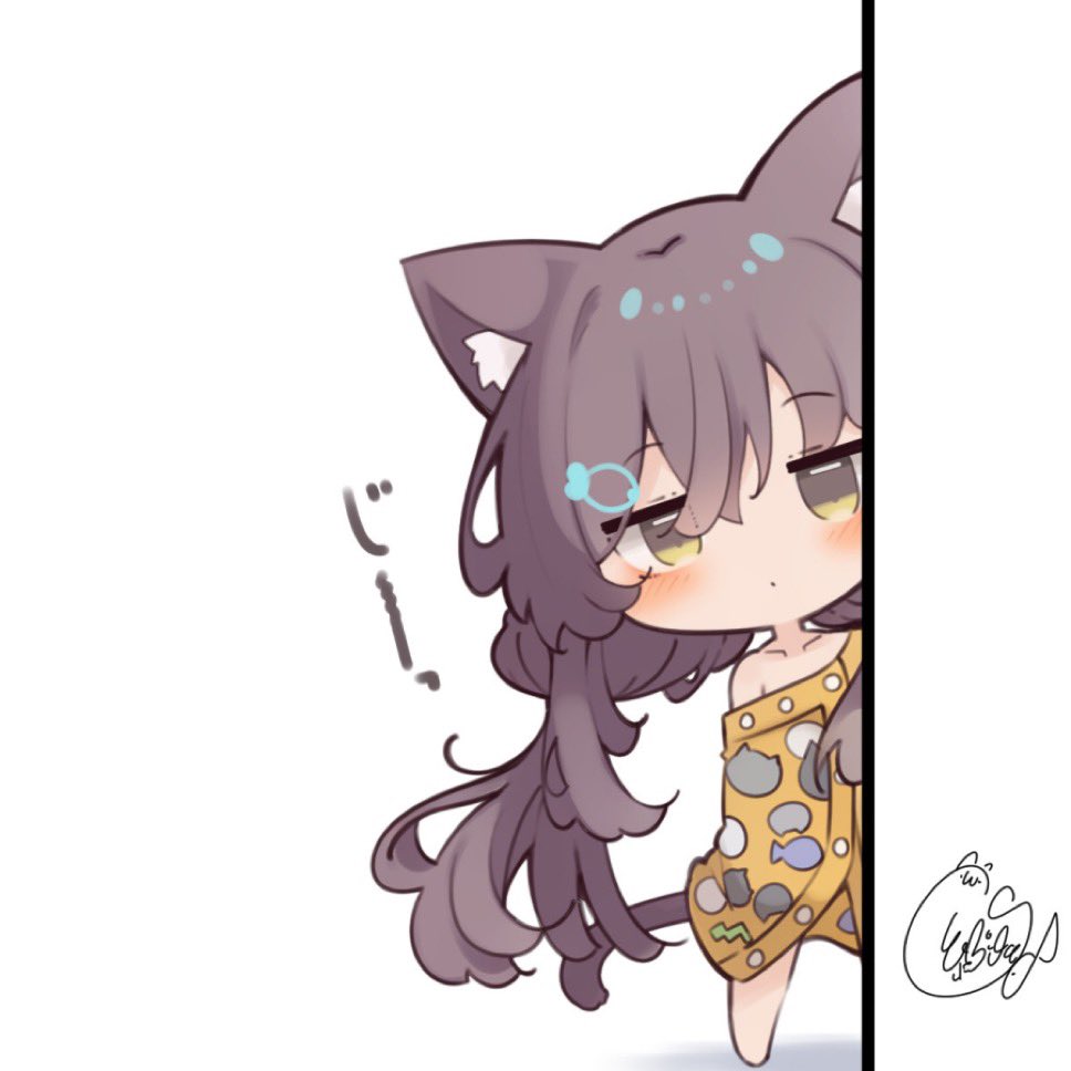 1girl animal_ears bare_shoulders barefoot beni_shake blush brown_eyes brown_hair cat_ears cat_girl cat_tail chibi closed_mouth collarbone fish_hair_ornament hair_between_eyes hair_ornament long_hair low_twintails off_shoulder peeking_out reverseblue_x_re-birthend signature simple_background solo standing tail twintails very_long_hair white_background wrap_towel xion_(reverseblue)