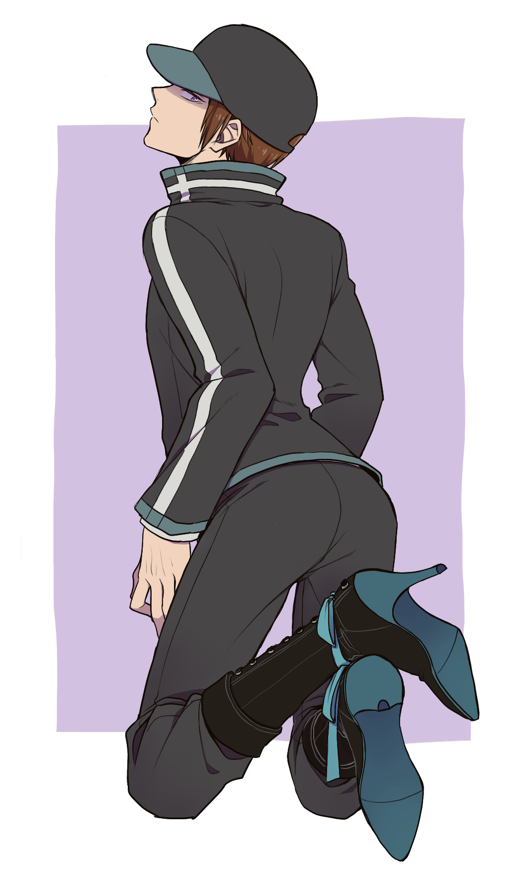 1boy ankle_ribbon aqua_ribbon arafune_squad&#039;s_uniform arafune_tetsuji arched_back ass baseball_cap black_boots black_hat black_jacket black_pants boots brown_hair closed_mouth colored_shoe_soles from_behind full_body hat high_heel_boots high_heels highres jacket kneeling leg_ribbon long_sleeves looking_back male_focus pants purple_background purple_eyes ribbon shishou_(xxsisyou) short_hair sideways_glance solo stiletto_heels world_trigger