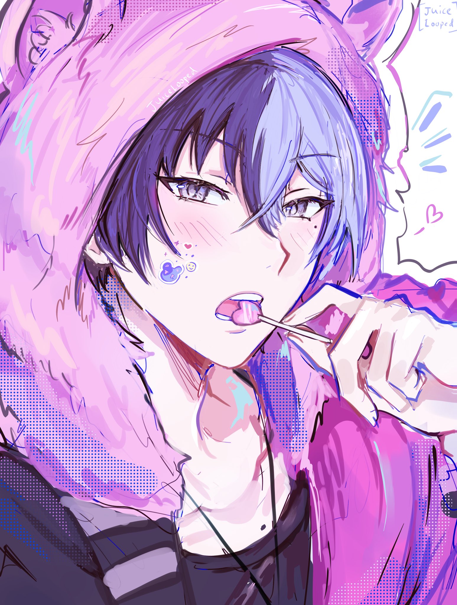 1boy adair_(juicelooped) animal_hood aoyagi_touya artist_name awakening_beat_(project_sekai) beat_eater_(vocaloid) blue_hair blush candy commentary dark_blue_hair food hair_between_eyes heart highres hood hood_up jewelry lollipop looking_at_viewer male_focus mole mole_under_eye multicolored_hair necklace official_alternate_costume open_mouth project_sekai solo split-color_hair sticker_on_face symbol-only_commentary teeth two-tone_hair white_background