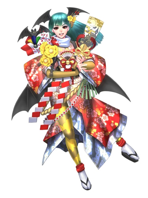 1girl alternate_costume animal_print artist_request bat_(animal) bat_print bat_wings brown_eyes capcom darkstalkers demon_girl detached_sleeves dress female_focus floral_print green_hair head_wings japanese_clothes kimono long_hair morrigan_aensland onimusha_soul pantyhose patterned_legwear print_dress print_kimono print_legwear red_eyes rope sandals scarf shimenawa smile socks solo wings yellow_socks