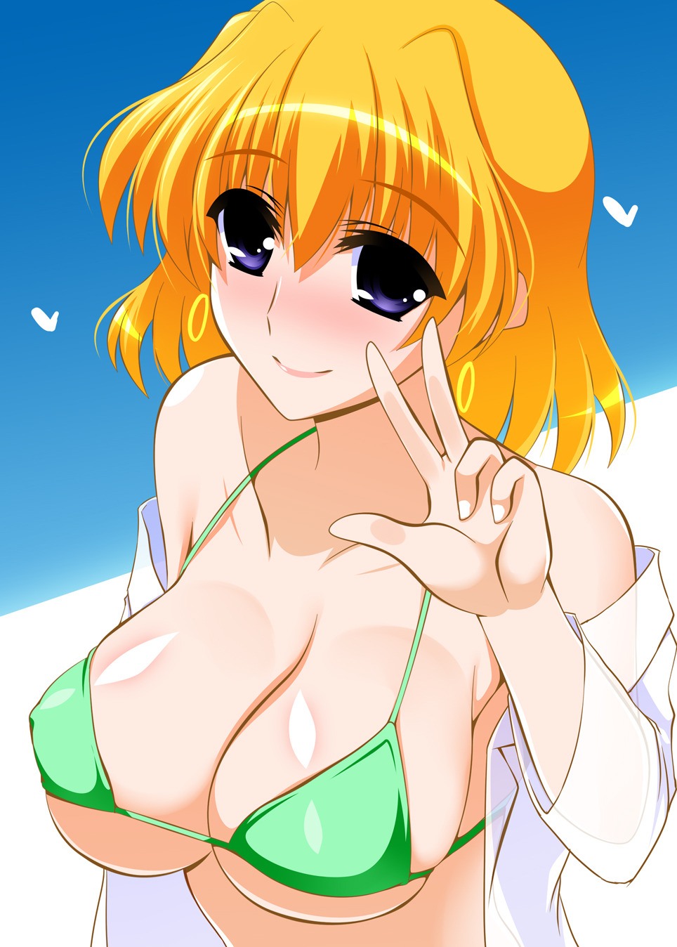 1girl bare_shoulders bikini blonde_hair blue_background breasts cleavage closed_mouth collarbone earrings engo_(aquawatery) green_bikini hand_up happy highres jewelry lab_coat large_breasts looking_at_viewer loose_clothes lyrical_nanoha mahou_shoujo_lyrical_nanoha_a&#039;s mahou_shoujo_lyrical_nanoha_strikers multicolored_background purple_eyes see-through_clothes see-through_shirt shamal shiny_skin short_hair simple_background smile solo swimsuit upper_body white_background
