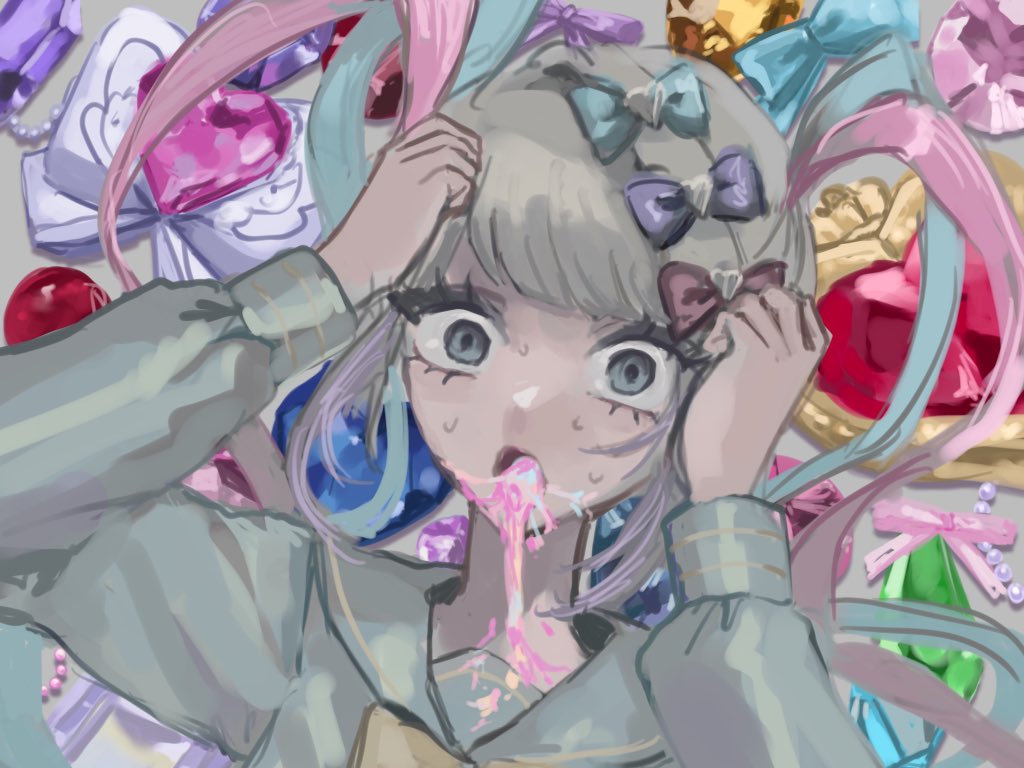 1girl blonde_hair blue_eyes blue_hair blue_serafuku blunt_bangs bow chouzetsusaikawa_tenshi-chan colored_tips hair_bow hands_on_own_head jewelry looking_at_viewer lying messy_room multicolored_hair multiple_hair_bows needy_girl_overdose on_back on_floor pink_hair quad_tails sanmanako school_uniform serafuku sidelocks solo sweatdrop upper_body vomiting_rainbows wide-eyed