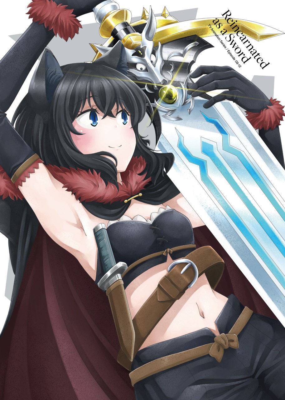 1boy 1girl animal_ears armor armpits belt bikini_armor black_hair blu-ray_cover blue_eyes cat_ears cat_girl cover fran_(tensei_shitara_ken_deshita) gauntlets happy highres holding holding_sword holding_weapon huge_weapon jewelry knife knife_sheath navel official_art promotional_art sheath shishou_(tensei_shitara_ken_deshita) short_hair simple_background slit_pupils smile sword tensei_shitara_ken_deshita weapon