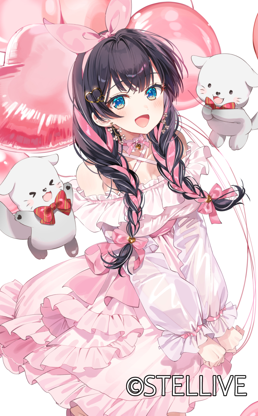 a20_(atsumaru) black_hair blue_eyes blush bow braid breasts commentary_request cowboy_shot dress earrings frilled_dress frills hair_bow hair_ornament hair_ribbon hairband heart heart_hair_ornament highres jewelry korean_commentary layered_dress long_sleeves looking_at_viewer medium_breasts mixed-language_commentary off-shoulder_dress off_shoulder official_art open_mouth pink_dress pink_ribbon ribbon shirayuki_hina smile stellive twin_braids virtual_youtuber