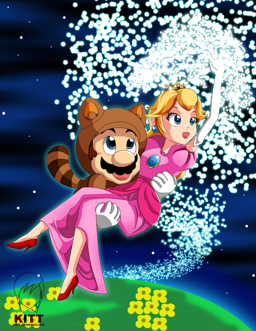 1boy 1girl animal_ears artist_name blonde_hair blue_eyes brown_hair carrying crown dress earrings facial_hair flower flying gloves grass grin high_heels highres jewelry light mario mario_(series) mustache nintendo pink_dress plant princess_carry princess_peach raccoon raccoon_ears raccoon_mario smile space super_mario_bros._3 tanooki_mario