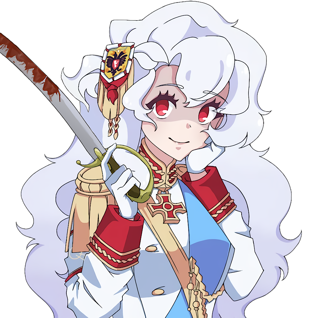 1girl aiguillette alpha_(alpha_1918) armband blood blue_sash buttons collar cross cross_pendant epaulettes findoworld fluffy fluffy_hair gloves gold_buttons gold_trim hair_ornament hand_on_own_cheek hand_on_own_face holding holding_sword holding_weapon lips long_hair looking_at_viewer military military_uniform original red_eyes russian_empire saber_(weapon) sash shaded_face shadowed solo sputnik_and_pogrom sticker sword transparent transparent_background very_long_hair weapon white_gloves white_hair yandere