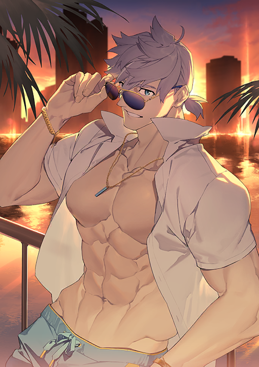 abs adjusting_eyewear against_railing blue_male_swimwear bracelet chain chain_bracelet collarbone collared_shirt cowboy_shot drawstring fate/grand_order fate_(series) game_cg gold_bracelet grey_hair grin groin hair_between_eyes hand_on_eyewear hand_on_own_hip hand_up jewelry leaning_back looking_at_viewer low_ponytail male_focus male_swimwear navel nipples official_art open_clothes open_shirt over-rim_eyewear pectorals pendant percival_(fate) percival_(summer_knight_outfit)_(fate) ponytail popped_collar railing semi-rimless_eyewear shiramine_(srmn09) shirt short_hair short_ponytail short_sleeves skyline smile sunglasses sunset swim_trunks teeth third-party_source toned toned_male unbuttoned white_shirt
