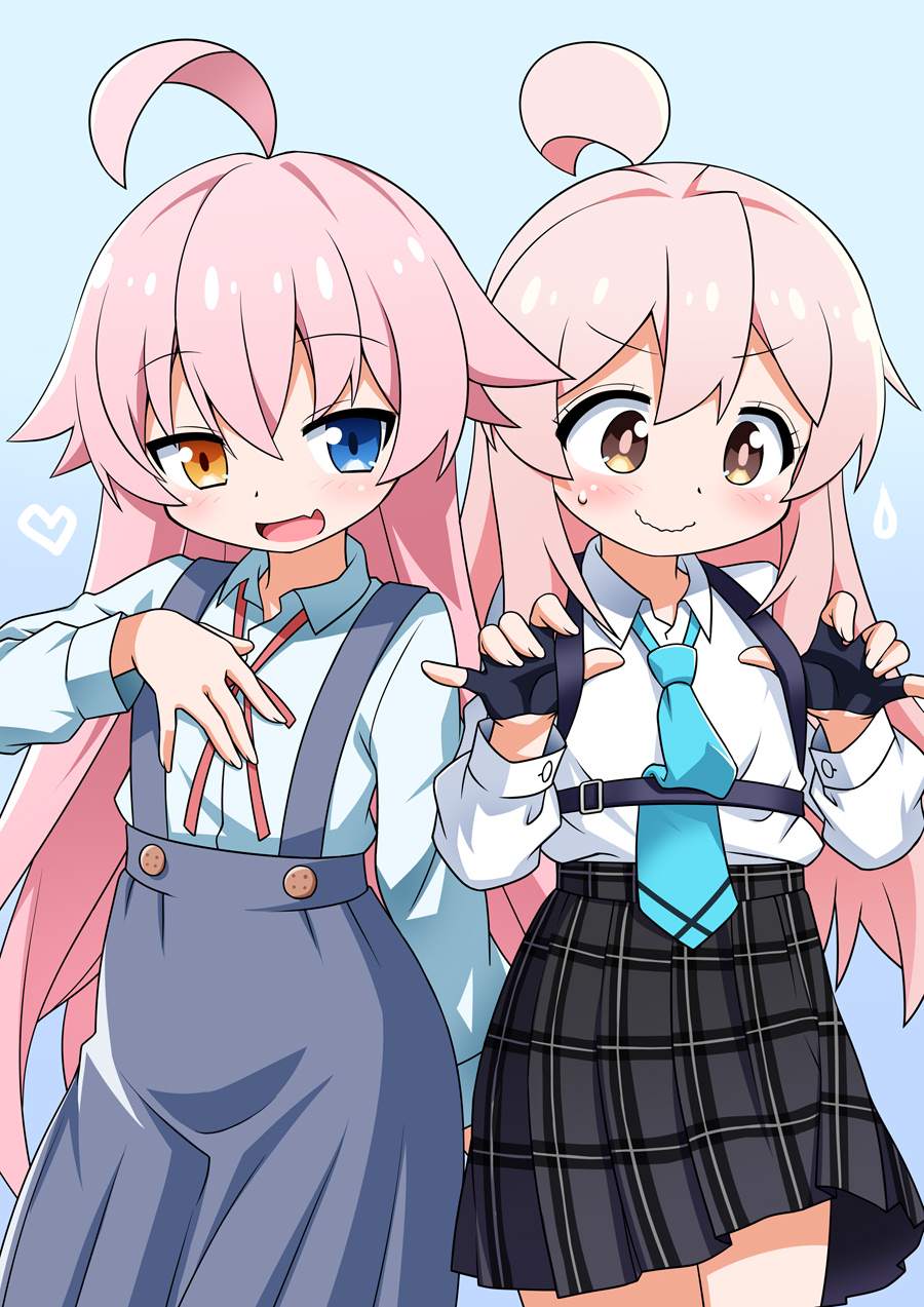 2girls ahoge akou_roushi blue_archive blue_eyes blush cosplay costume_switch fang fingerless_gloves genderswap genderswap_(mtf) gloves heart heterochromia highres hoshino_(blue_archive) hoshino_(blue_archive)_(cosplay) long_sleeves look-alike looking_at_viewer looking_down multiple_girls neck_ribbon necktie onii-chan_wa_oshimai! open_mouth orange_eyes oyama_mahiro oyama_mahiro_(cosplay) pink_hair plaid_clothes plaid_skirt ribbon school_uniform skirt smile suspender_skirt suspenders sweatdrop wavy_mouth yellow_eyes