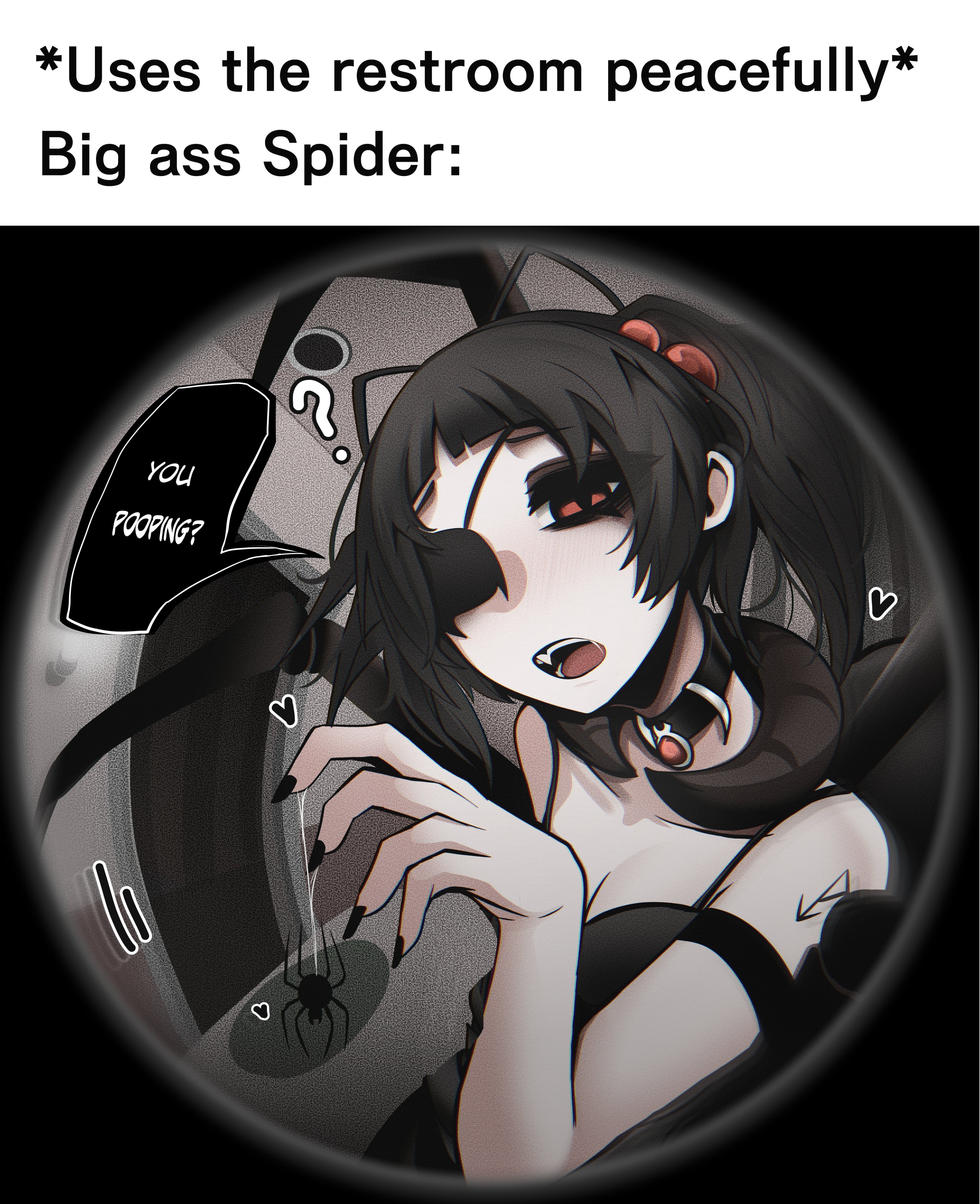 1girl ? absurdres armband arthropod_girl bare_shoulders black_armband black_bra black_choker black_hair black_nails bra breasts bug caption choker cleavage collarbone commentary door english_commentary english_text eyepatch fang fisheye hair_ornament hand_up heart highres indoors insect_girl light_blush looking_at_viewer medium_hair mikuneki one_eye_covered open_mouth original red_eyes silk solo speech_bubble spider spider_girl spider_web teeth two_side_up underwear