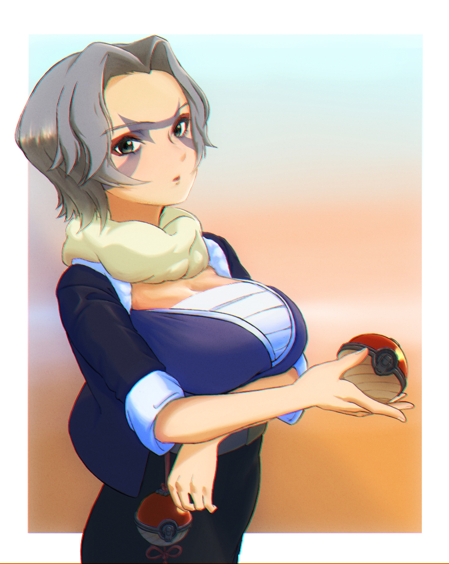 1girl arm_under_breasts blue_background breasts charm_(pokemon) chromatic_aberration cowboy_shot eyeshadow facepaint gradient_background grey_eyes grey_hair hisuian_poke_ball holding large_breasts looking_at_viewer makeup nintendo open_mouth orange_background parted_lips poke_ball pokemon pokemon_legends:_arceus sarashi short_hair solo