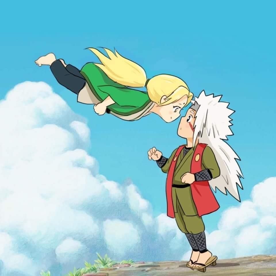 :o artist_request barefoot blonde_hair blue_sky cloud cloudy_sky face-to-face facial_mark fishnets floating forehead_jewel forehead_protector hair_tied_back jacket japanese_clothes jiraiya_(naruto) kimono looking_at_another multicolored_jacket naruto_(series) naruto_shippuuden netorare sandals sky smile spiked_hair standing_on_rock standing_on_tiptoe tsunade_(naruto) white_hair