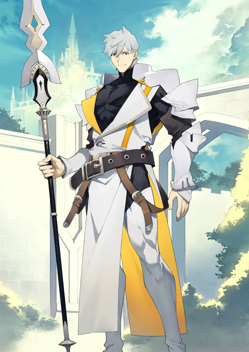 1boy abs arm_armor arm_at_side belt belt_buckle black_bodysuit blue_eyes bodysuit boots bracer brown_belt brown_sleeves buckle buttons closed_mouth coat covered_pectorals fate/grand_order fate_(series) feet_out_of_frame game_cg grey_hair hair_between_eyes hand_up high_collar holding holding_polearm holding_weapon lapels legs_apart long_coat longinus_(weapon)_(fate) looking_at_viewer male_focus official_art pectorals percival_(fate) polearm shiramine_(srmn09) short_hair side_slit sleeveless sleeveless_coat smile solo spear standing thigh_boots third-party_source toned toned_male variant_set weapon white_boots white_coat