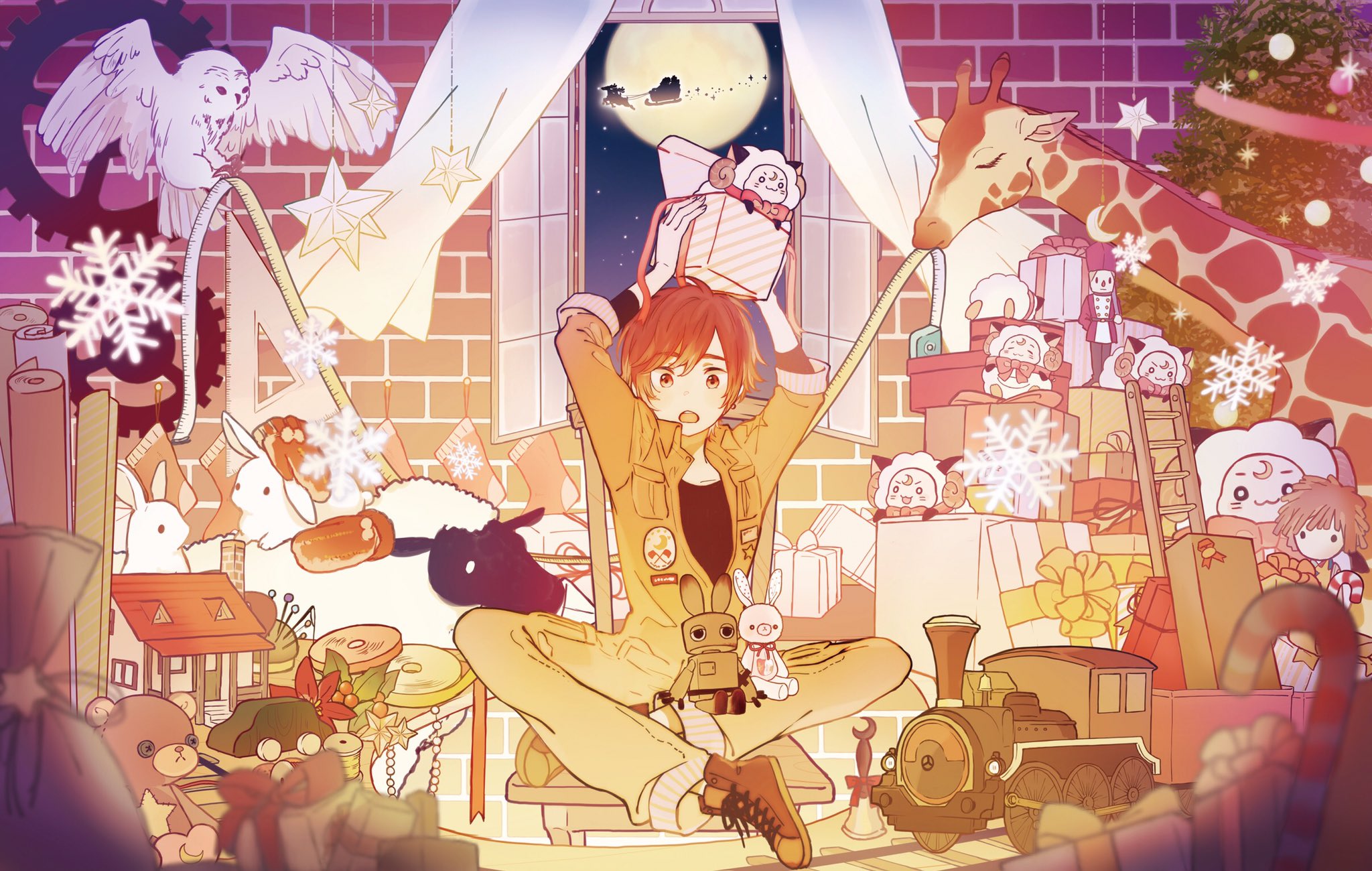 1boy amatsuki_(utaite) bird brown_eyes brown_hair full_moon highres indie_utaite jumpsuit looking_at_viewer male_focus mikkun_04 moon niconico open_mouth orange_jumpsuit owl pants short_hair sitting solo stuffed_animal stuffed_rabbit stuffed_toy v-shaped_eyebrows