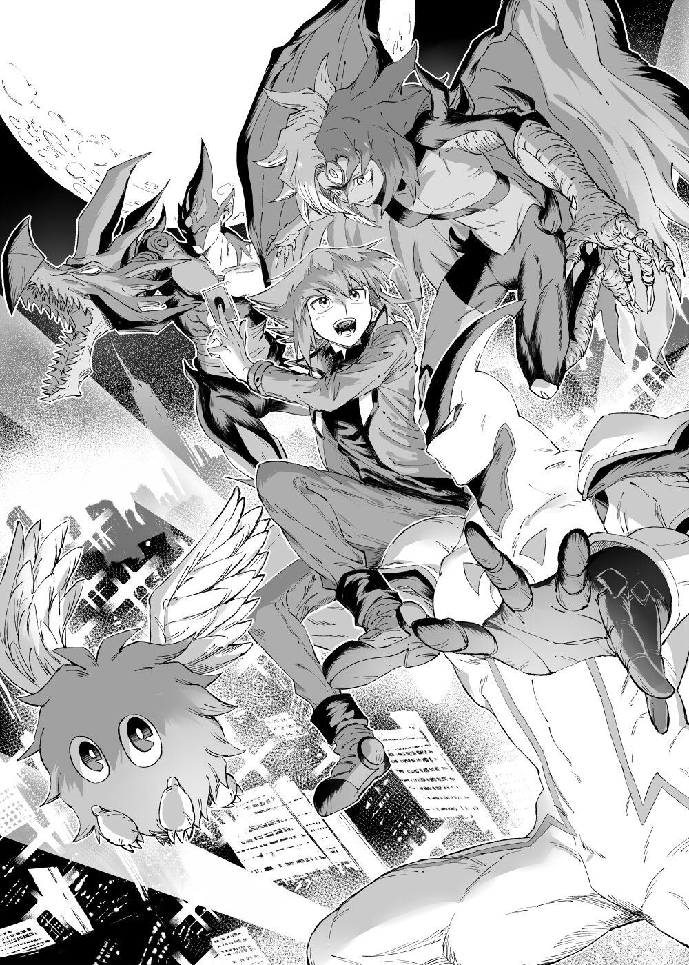 1other 3boys arm_cannon body_fur building card carrying demon_wings duel_academy_uniform_(yu-gi-oh!_gx) elemental_hero_flame_wingman elemental_hero_neos feathered_wings full_moon greyscale highres holding holding_card jacket male_focus medium_hair midair monochrome moon multicolored_hair multiple_boys multiple_heads open_clothes open_jacket shoulder_carry skyscraper spiked_hair third_eye trading_card two-tone_hair wantetsusima weapon winged_kuriboh wings yu-gi-oh! yu-gi-oh!_gx yubel yuki_judai