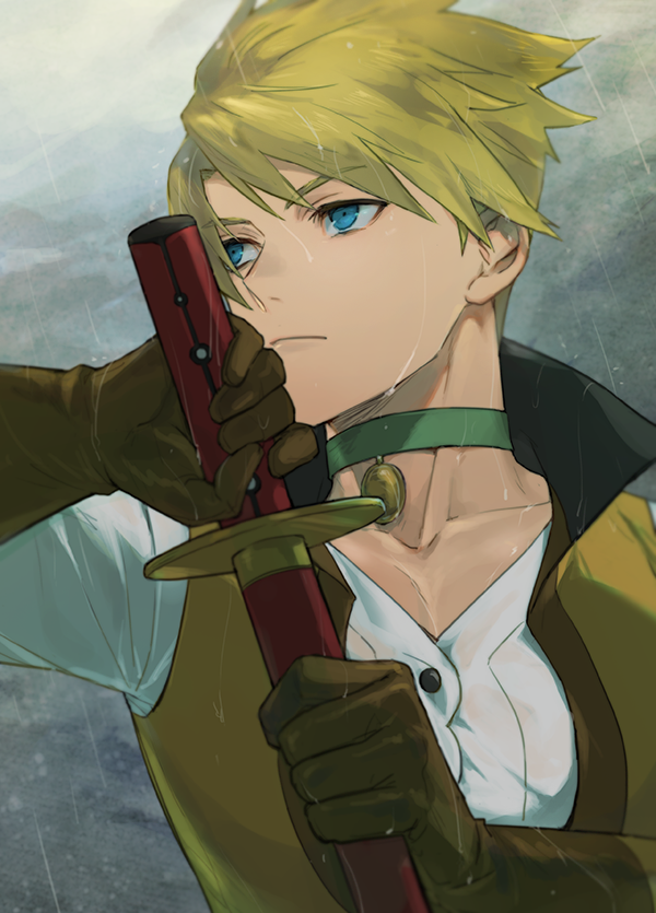 1boy arms_up blonde_hair blue_eyes choker closed_mouth collarbone commentary_request drawing_sword frown green_choker guy_cecil holding holding_sword holding_weapon isa_(peien516) looking_to_the_side male_focus mystical_high_collar rain shirt short_hair short_sideburns sideways_glance solo sword tales_of_(series) tales_of_the_abyss upper_body v-neck vest weapon wet wet_hair white_shirt yellow_vest