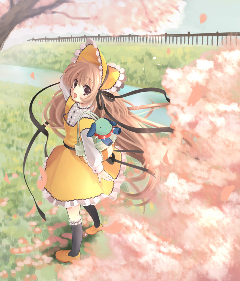 00s 1girl bad_id bad_pixiv_id bag bonnet cherry_blossoms female_focus hanabana_tsubomi hanato_kobato hand_on_headwear ioryogi kobato. looking_at_viewer open_mouth orange_hair pink_eyes ribbon smile solo stuffed_animal stuffed_toy