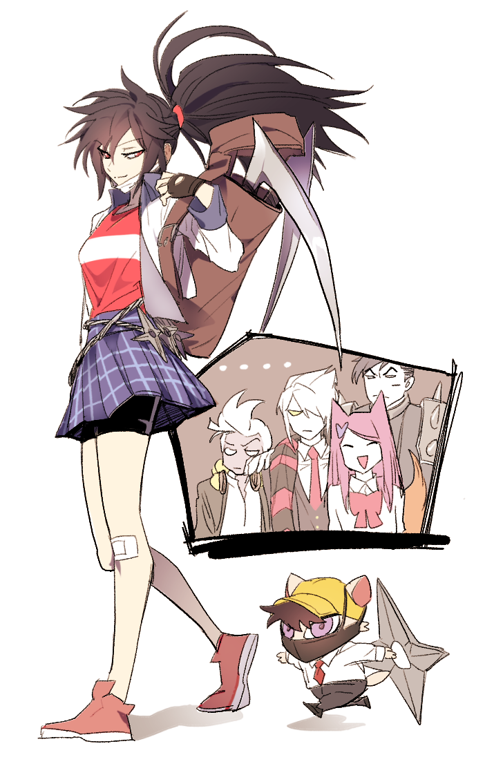academy_ahri academy_darius academy_ekko academy_vladimir ahri_(league_of_legends) akali akali_(redesign) backpack bag bandaid bandaid_on_knee bandaid_on_leg black_gloves black_hair black_surgical_mask bow brown_hair darius_(league_of_legends) ekko_(league_of_legends) fingernails gloves hair_ornament hat headphones headphones_around_neck heart heart_hair_ornament holding holding_weapon kennen league_of_legends long_hair mask medium_hair mouth_mask pink_hair purple_eyes red_bow red_eyes scarf short_hair shuriken sickle simple_background skirt smile spikes striped_clothes striped_scarf surgical_mask vladimir_(league_of_legends) walking weapon white_background white_eyes white_hair yellow_eyes yellow_hat zaket07