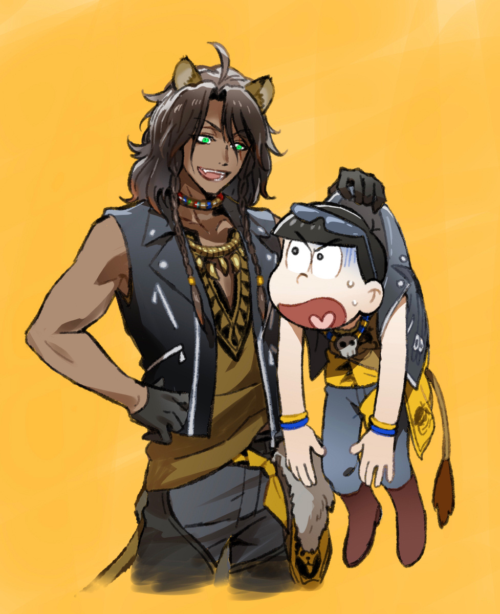 2boys animal_ears black_eyes black_gloves black_hair black_jacket braid brown_hair brown_shirt carrying carrying_person check_copyright commentary_request copyright_request cosplay crossover eyewear_on_head fang funuyu gloves green_eyes hand_on_own_hip highres jacket leona_kingscholar leona_kingscholar_(cosplay) lion_boy lion_ears lion_tail long_hair looking_at_another male_focus matsuno_karamatsu multiple_boys osomatsu-kun osomatsu_(series) shirt short_hair simple_background sleeveless sleeveless_jacket sunglasses tail twin_braids twisted_wonderland yellow_background yellow_shirt