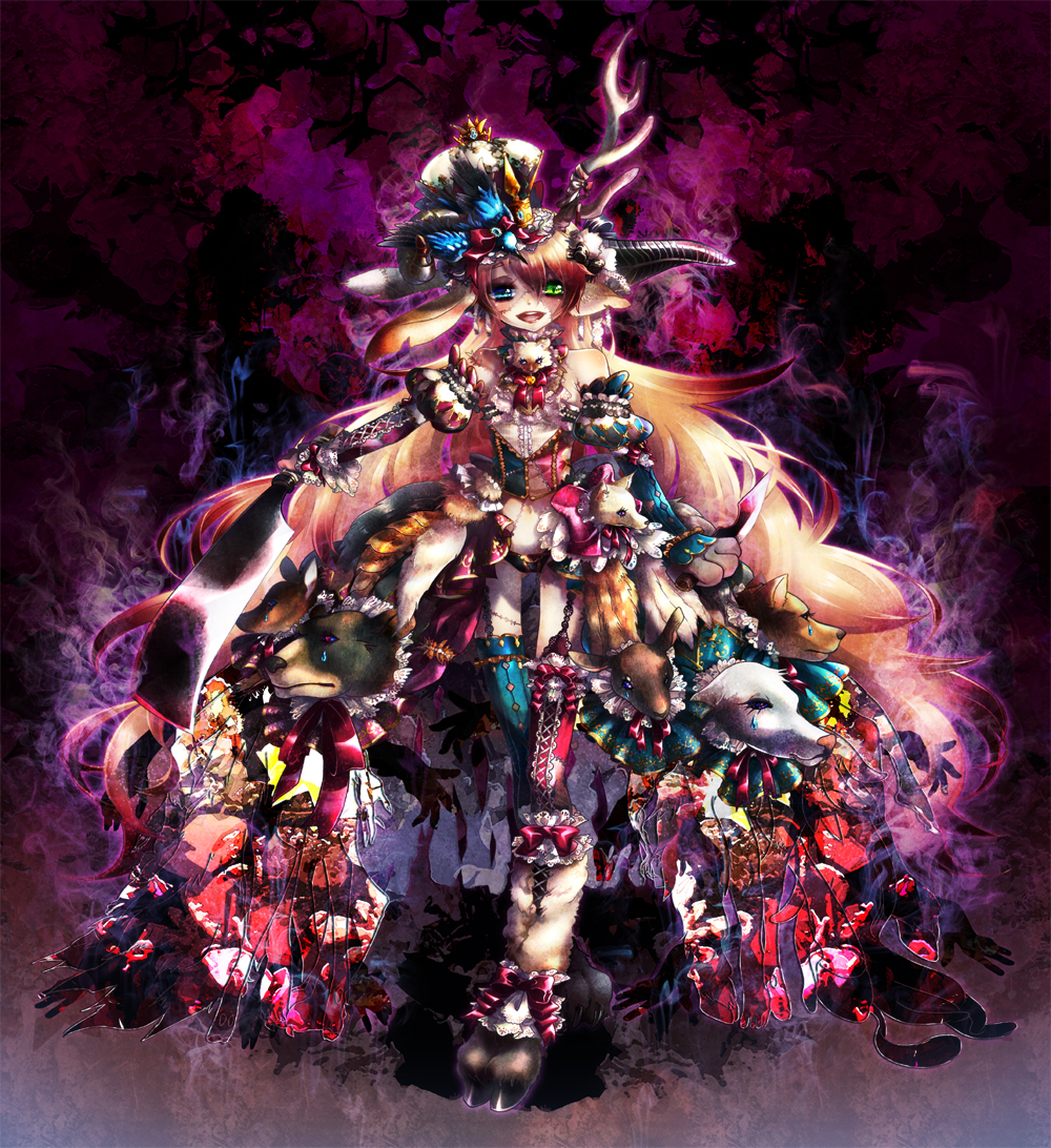1girl allerleirauh bear blue_eyes cleaver dog green_eyes heterochromia hooves horns keroyon knife monster_girl original princess_royale stitches tears thighhighs weapon