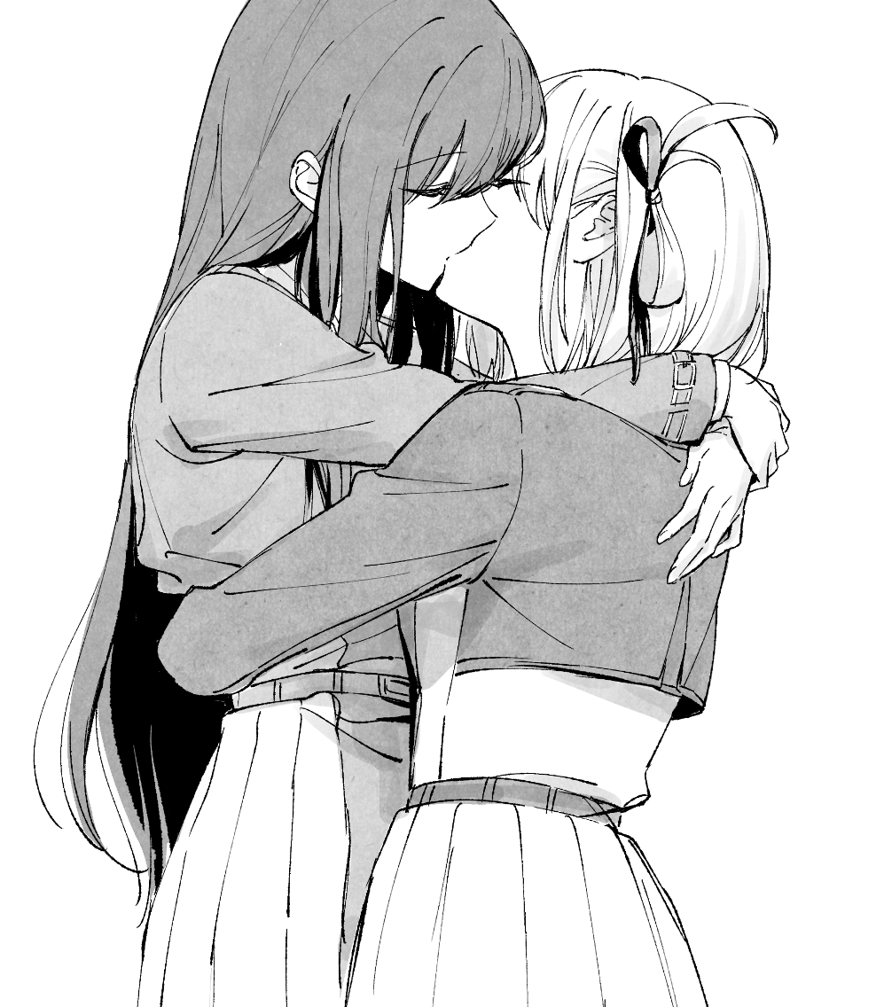 2girls azmodan closed_eyes commentary_request greyscale hair_ribbon hug inoue_takina kiss long_hair long_sleeves lycoris_recoil lycoris_uniform monochrome multiple_girls nishikigi_chisato ribbon short_hair simple_background skirt white_background yuri