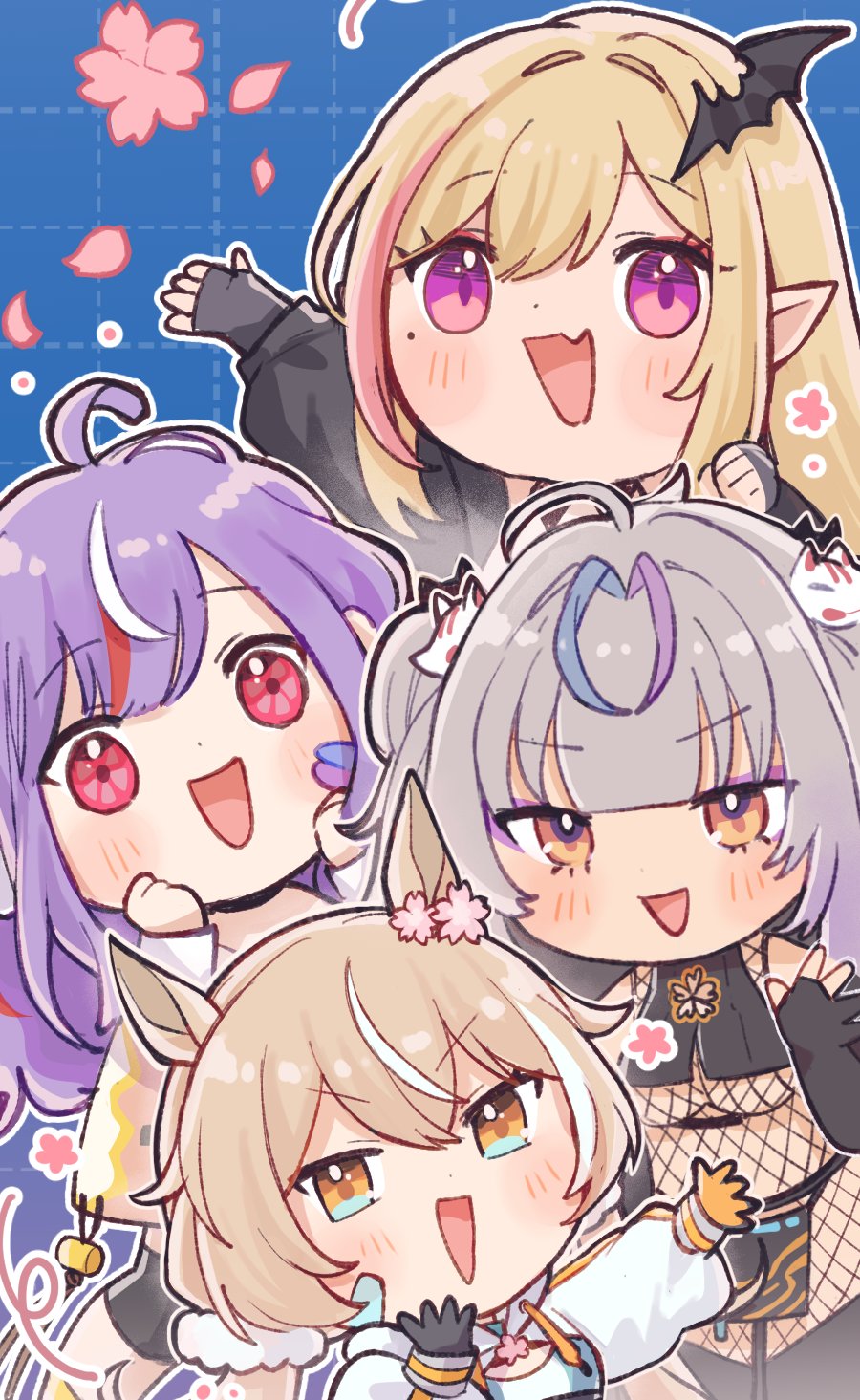 4girls ahoge animal_ears bandaid bandaid_on_cheek bandaid_on_face bat_hair_ornament biscotti_(vtuber) blonde_hair blue_eyes bodystocking breasts brown_eyes brown_hair cherry_blossoms chibi chibi_only cropped_hoodie fang fingerless_gloves fishnet_bodystocking fishnets flower fox_hair_ornament gloves grey_hair hair_flower hair_ornament hakamii highres hood hoodie horse_girl kou_mariya large_breasts long_hair looking_at_viewer mole mole_under_eye mono_monet multicolored_eyes multicolored_hair multiple_girls open_mouth orange_gloves pink_hair pink_streaks pointy_ears purple_eyes purple_hair red_eyes red_hair scrunchie second-party_source skin_fang smile streaked_hair twintails two-tone_gloves v4mirai virtual_youtuber white_hair white_hoodie white_scrunchie yae_yugiri yellow_eyes