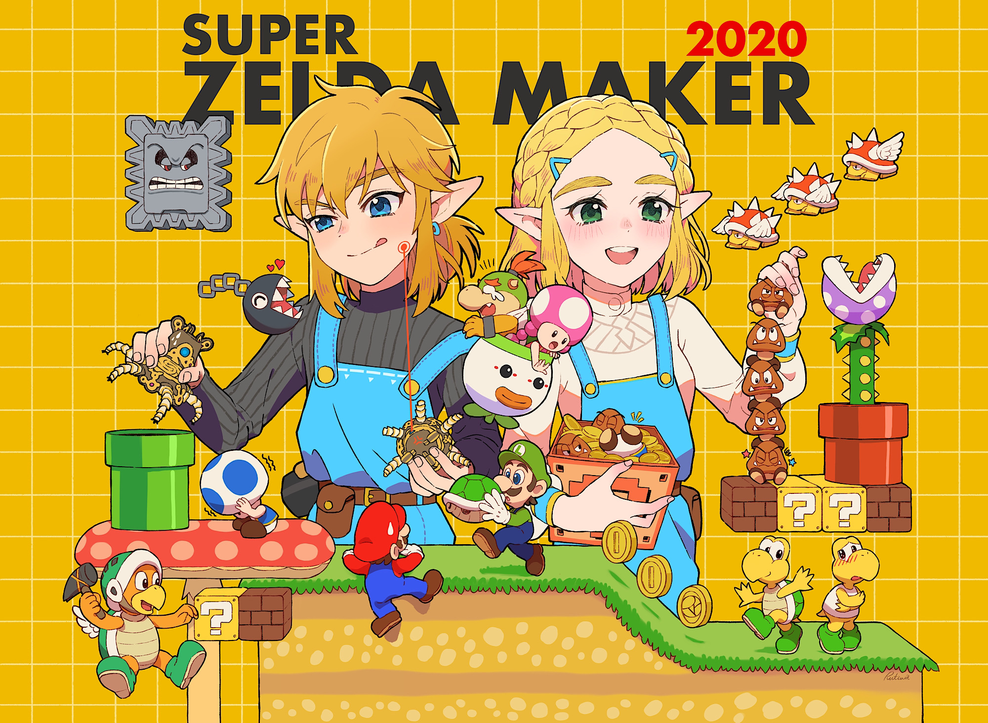 3girls 6+boys ?_block block_(object) blonde_hair blue_eyes bowser_jr. braid chain_chomp company_connection crossover facial_hair goomba green_eyes guardian_(zelda) hammer_bro hat highres koopa_troopa licking_lips link luigi mario mario_(series) multiple_boys multiple_girls mustache nintendo open_mouth overalls piranha_plant pointy_ears princess_zelda round_teeth rutiwa shell spiny super_mario_bros._1 super_mario_maker teeth the_legend_of_zelda the_legend_of_zelda:_breath_of_the_wild the_legend_of_zelda:_tears_of_the_kingdom thick_eyebrows thwomp toad_(mario) toadette tongue tongue_out wings yellow_background