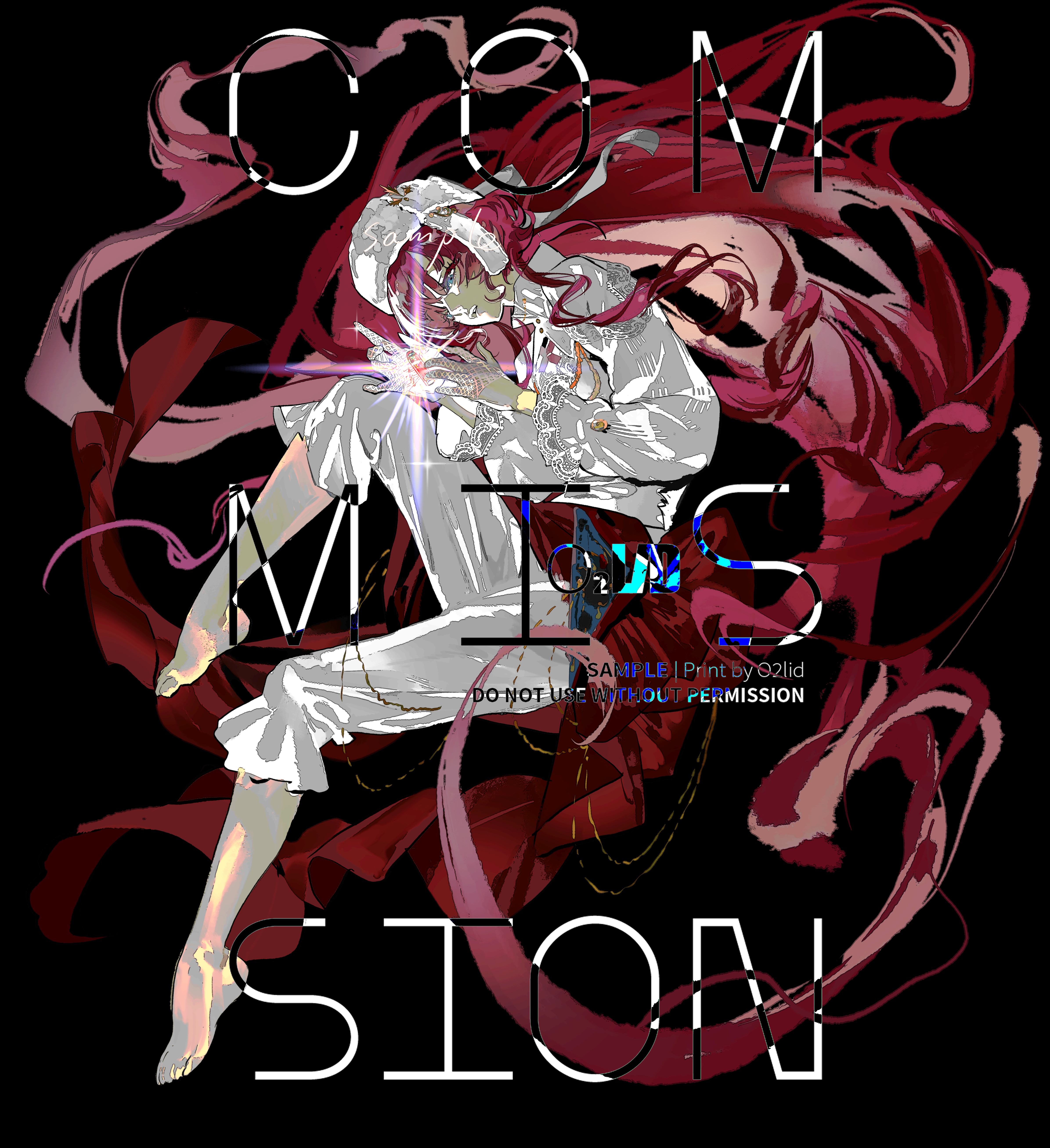1girl absurdres barefoot black_background commission fishnet_gloves fishnets floating_hair full_body gloves glowing hands_up hat highres invisible_chair knee_up long_hair miniskirt pants pants_under_skirt red_hair red_skirt reverse:1999 sample_watermark shirt sitting skirt solo ushanka very_long_hair watermark white_gloves white_hat white_pants white_shirt yanghua_gaizi yenisei_(reverse:1999)