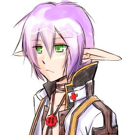1boy arch_bishop_(ragnarok_online) closed_mouth commentary_request cross cross_necklace cross_of_prontera expressionless green_eyes hair_between_eyes jacket jewelry looking_afar lowres male_focus necklace pointy_ears purple_hair ragnarok_online short_hair simple_background solo upper_body white_background white_jacket yukimushi