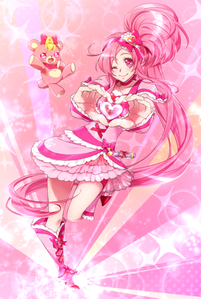 0417nao 1girl aino_hikaru_(0417nao) bad_id bad_pixiv_id bear boots bow choker creature cure_prism_(0417nao) frills full_body hair_bow hairband heart heart_hands high_side_ponytail knee_boots long_hair magical_girl one_eye_closed original pink_background pink_boots pink_bow pink_eyes pink_hair pink_skirt pink_theme ponytail precure side_ponytail skirt smile standing standing_on_one_leg very_long_hair