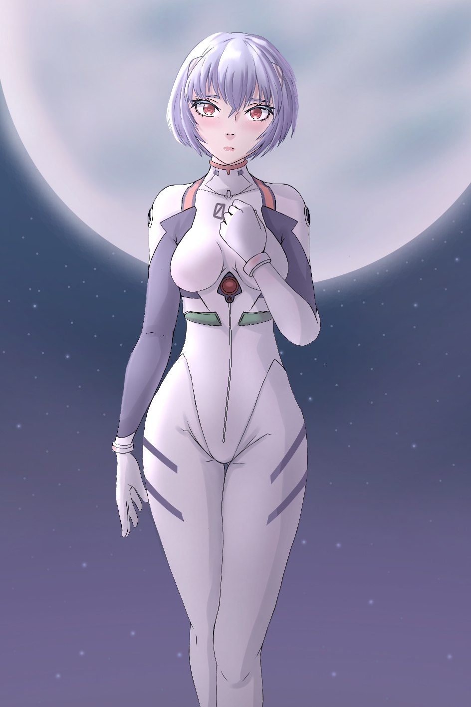 1girl artist_request ayanami_rei blue_hair bodysuit breasts full_moon gloves hair_between_eyes hand_on_own_chest highres interface_headset_(evangelion) looking_at_viewer mecha_pilot_suit moon neon_genesis_evangelion plugsuit_(evangelion) red_eyes shiny_clothes short_hair simple_background solo white_bodysuit