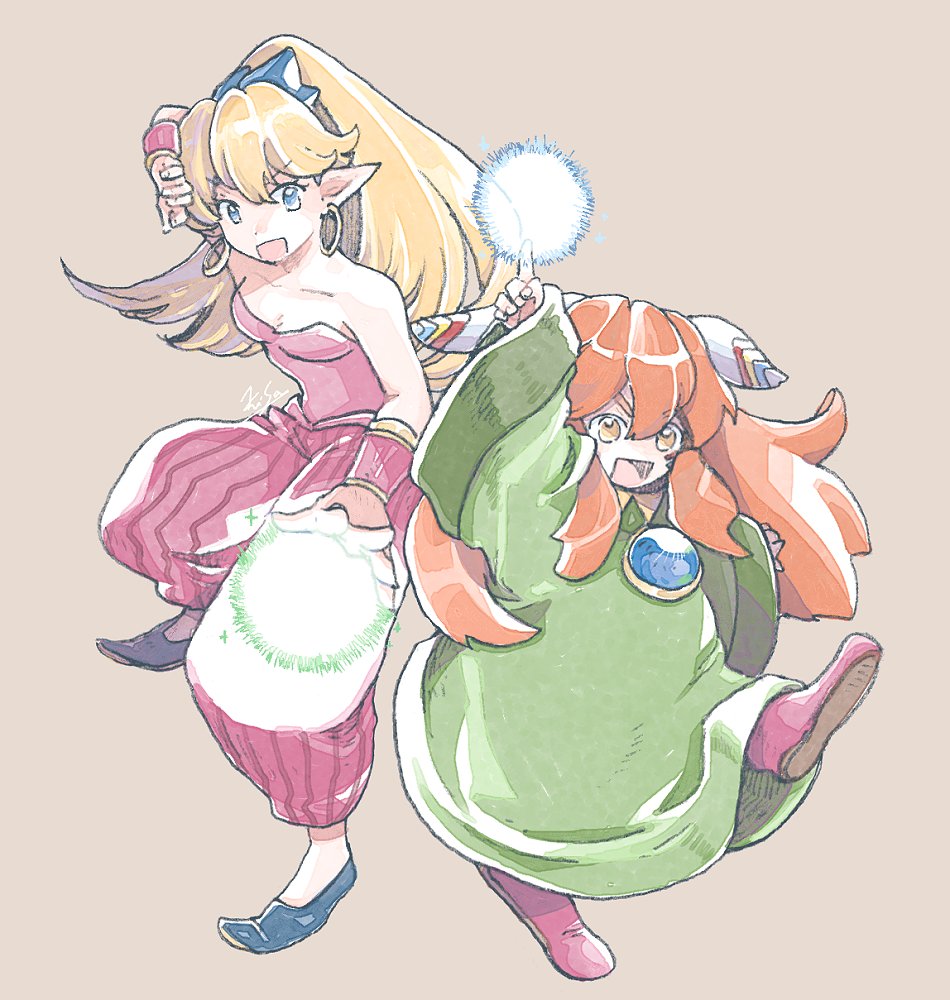 1girl 1other artist_name baggy_pants bare_shoulders black_footwear blue_eyes blue_gemstone boots breasts brown_background brown_eyes chest_jewel cleavage earrings feather_hair_ornament feathers full_body gem green_robe hair_ornament hoop_earrings jewelry long_hair medium_breasts michibata_65 open_mouth orange_hair pants pink_boots pink_pants pointy_ears ponytail popoi_(seiken_densetsu_2) primm_(seiken_densetsu_2) robe seiken_densetsu seiken_densetsu_2 sidelocks smile striped_clothes striped_pants wide_sleeves