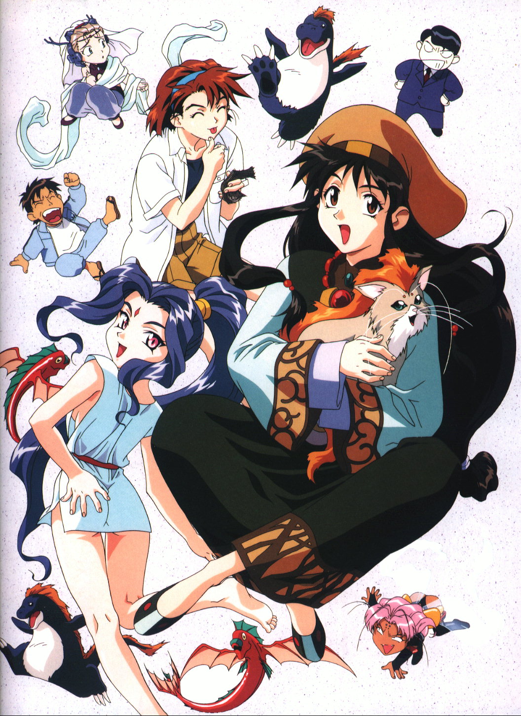 1990s_(style) alielle angry banknote barefoot black_hair blonde_hair blue_hair brown_hair crossdressing dark_skin diva_(el_hazard) el_hazard facial_mark forehead_mark fujisawa_masamichi harem_pants hat headband high_ponytail highres insect_wings jinnai_katsuhiko jinnai_nanami long_hair looking_at_viewer mizuhara_makoto money multiple_boys multiple_girls open_mouth pants pink_hair ponytail purple_hair red_hair retro_artstyle school_uniform short_hair shorts smile uura_(el_hazard) wings