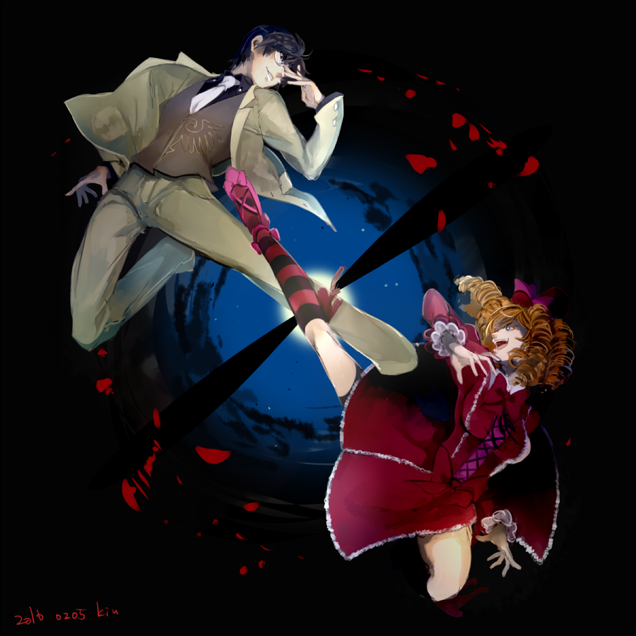 1boy 1girl 2016 alliance_of_the_golden_witch black_hair blonde_hair blue_eyes bow dated dress drill_hair gaap_(umineko) glasses hat high_heels kicking kneehighs mini_hat mini_top_hat necktie open_mouth petals smile socks sofy striped_clothes striped_socks top_hat umineko_no_naku_koro_ni ushiromiya_george