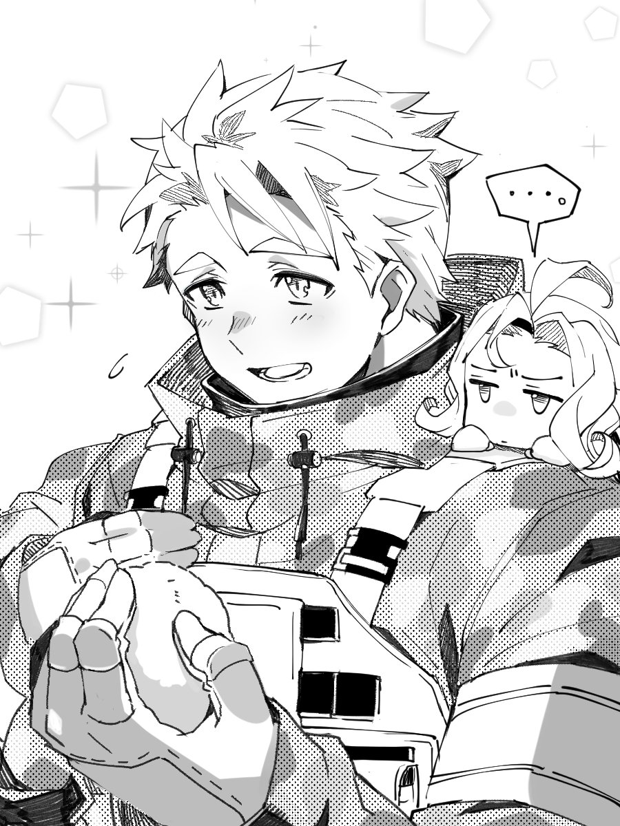 ... 2boys ahoge blush commentary cupid_(housamo) curly_hair flying_sweatdrops furrowed_brow gloves greyscale highres holding holding_snowball hood hooded_jacket jacket jitome looking_at_object male_focus monochrome multiple_boys nizitaro open_mouth bulletproof_vest short_hair sideburns smile snowball sparkle_background speech_bubble tareme tennouji_shin&#039;ya tokyo_houkago_summoners upper_body
