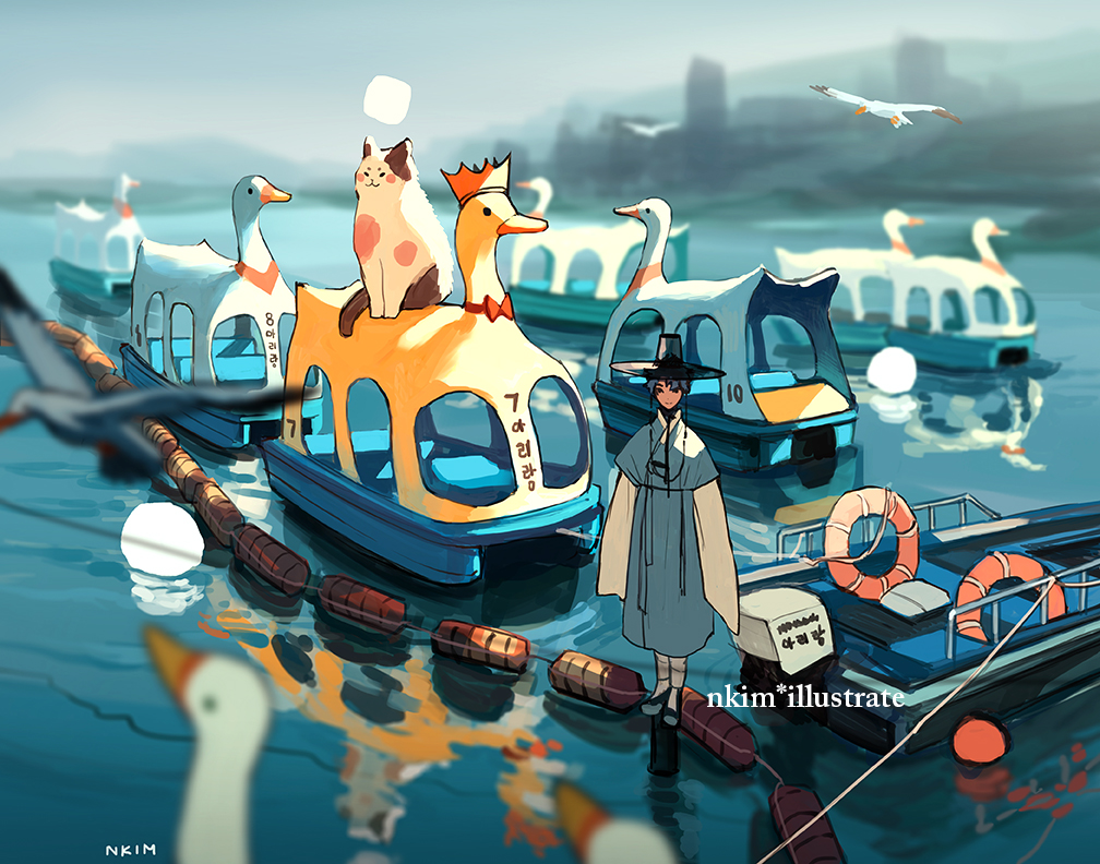 1boy animal artist_name bird black_headwear boat buoy cat crown goose korean_clothes lifebuoy nadia_kim ocean original outdoors oversized_animal reflection seagull smile standing swim_ring very_long_sleeves watercraft