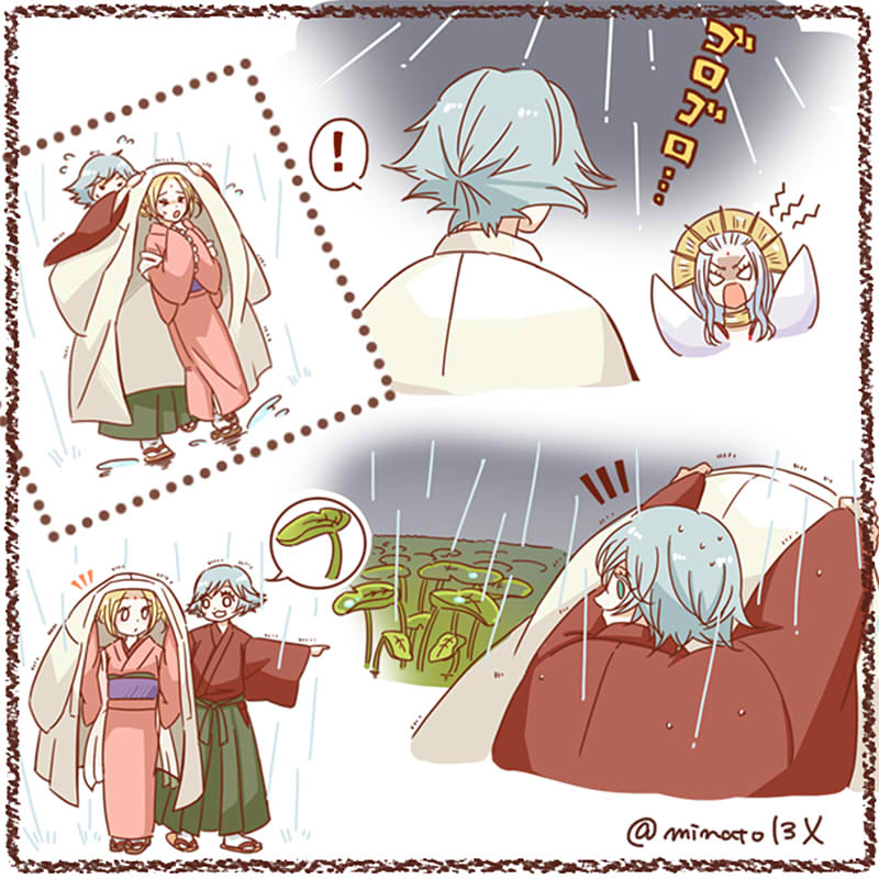 1boy 2girls blonde_hair blue_eyes blue_hair commentary_request green_hakama hakama haori improvised_umbrella japanese_clothes kamisama_hajimemashita kimono mizuki_(kamisama_hajimemashita) multiple_girls narukami_(kamisama_hajimemashita) outdoors rain red_kimono rikunaminato short_hair translation_request yonomori_mitsuha