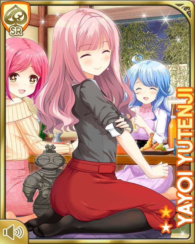 3girls :d alcohol beer breasts card chair character_name closed_mouth dress closed_eyes gift girlfriend_(kari) indoors jewelry kneeling looking_at_viewer medium_breasts medium_hair multiple_girls necklace night office official_art open_mouth pink_hair purple_eyes qp:flapper red_dress rolling_sleeves_up shirt smile table tachibana_kyouko_(girlfriend_(kari)) tagme teacher yutenji_yayoi