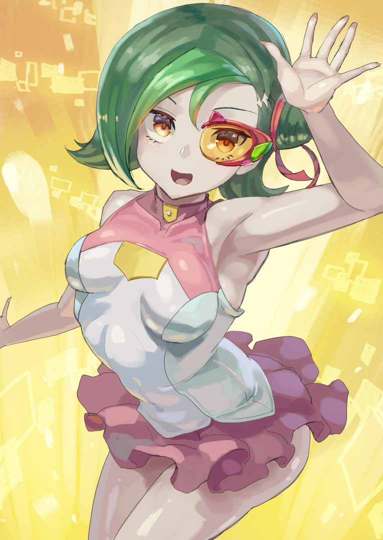 1girl arm_up armpits green_hair hair_bun hair_ribbon kazo_(kazozakazo) mizuki_kotori_(yu-gi-oh!) orange_eyes ribbon skirt yu-gi-oh! yu-gi-oh!_zexal