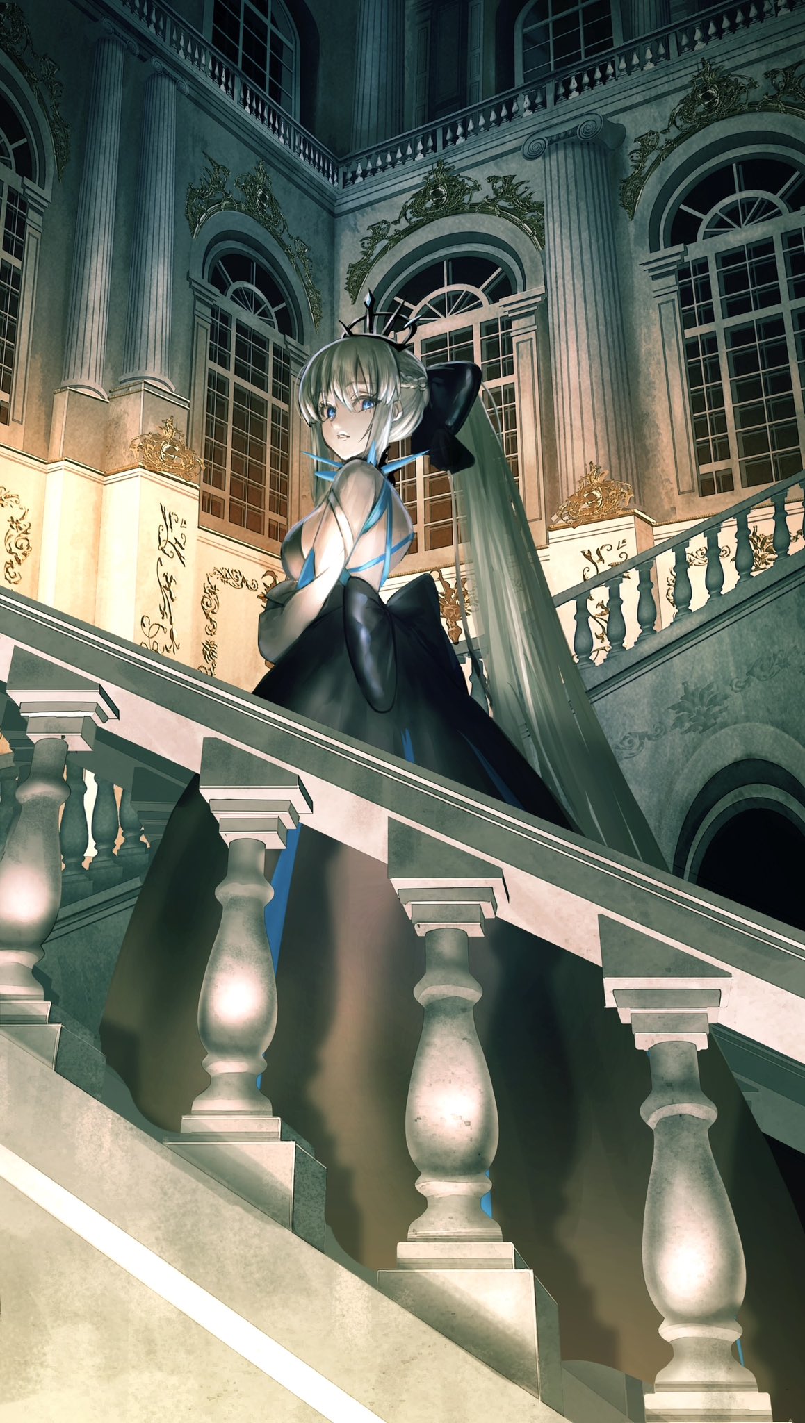 1girl arched_window asagi_futsuka back back_bow baluster black_bow black_dress blue_eyes bow braid breasts commentary_request detached_sleeves dress european_architecture fate/grand_order fate_(series) french_braid from_side grey_hair hair_bow highres large_bow long_hair looking_at_viewer looking_to_the_side morgan_le_fay_(fate) morgan_le_fay_(third_ascension)_(fate) muntins parted_lips pillar ponytail railing shadow sidelocks solo spikes stairs standing tiara very_long_hair white_sleeves window