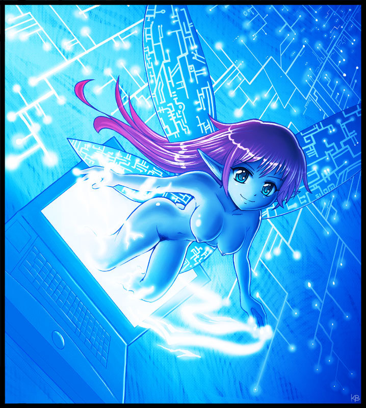 1girl blue_skin colored_skin computer cyberspace fairy green_eyes karbo long_hair looking_at_viewer nipples purple_hair solo wings