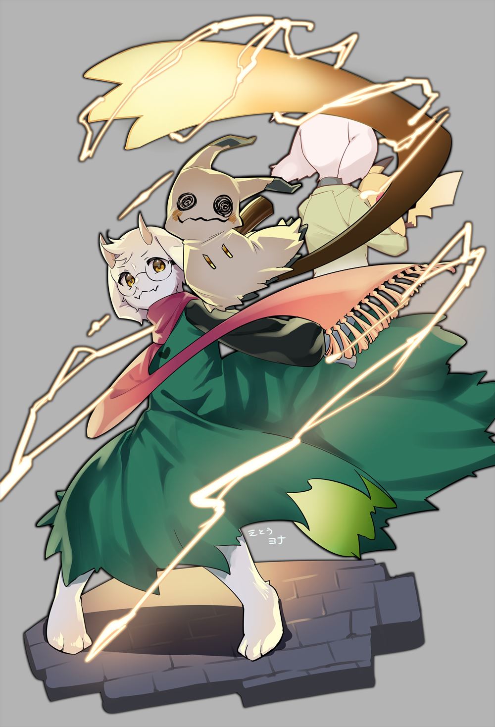 animal_ears asriel_dreemurr crossover deltarune electricity gen_1_pokemon gen_7_pokemon goat_boy goat_ears green_robe highres hp_nokoketaetouyona mimikyu nintendo pikachu pink_scarf pokemon pokemon_(creature) ralsei robe scarf