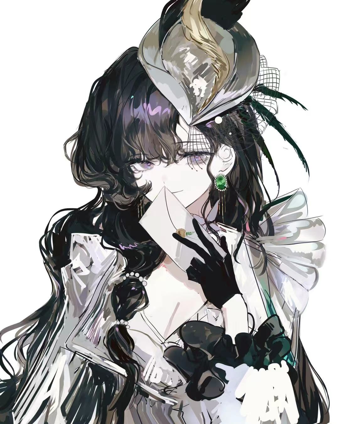 1girl black_gloves black_hair breasts cleavage closed_mouth covering_own_mouth earrings envelope fishnet_veil frilled_sleeves frills gloves grey_hat grey_jacket hand_up hat highres holding holding_envelope isolde_(and_all_that_jazz)_(reverse:1999) isolde_(reverse:1999) jacket jewelry long_hair official_alternate_costume purple_eyes reverse:1999 smile solo unfinished upper_body weiyan_(nbnbmwnl) white_background