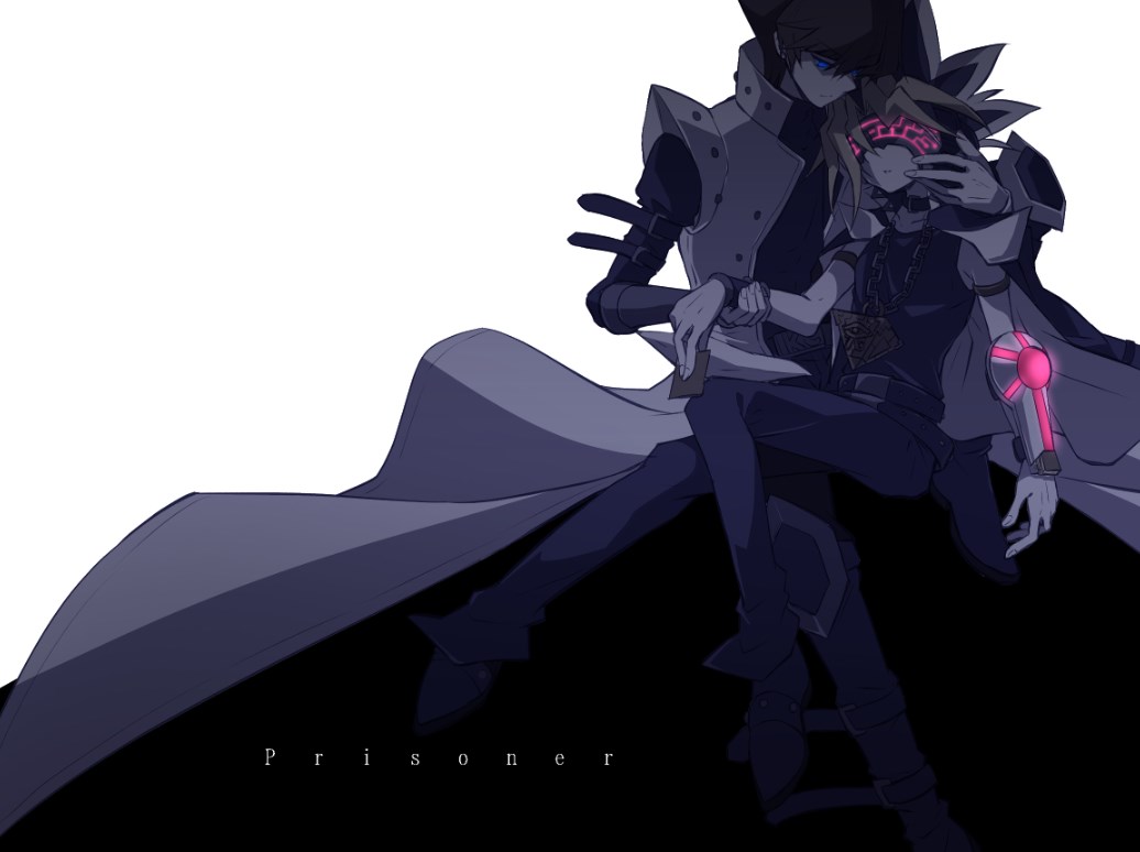 2boys arm_strap armband belt black_armband black_background black_belt black_choker black_footwear black_hair black_pants black_shirt black_wrist_cuffs blue_eyes blue_jacket blue_pants brown_hair card chain chain_around_neck choker coat colored_bangs covered_eyes crossed_legs duel_disk colored_bangs eeta english_text facing_another facing_to_the_side hand_on_another&#039;s_face hand_on_another&#039;s_wrist holding holding_card invisible_chair jacket jacket_on_shoulders kaiba_seto knee_pads knee_up leaning_forward leaning_on_person looking_at_another looking_down male_focus metal_wrist_cuffs millennium_puzzle multiple_boys muted_color muto_yugi open_clothes open_jacket pants partially_colored popped_collar shirt sitting sleeveless sleeveless_shirt spiked_hair technology trench_coat two-tone_background white_background wrist_cuffs yu-gi-oh! yu-gi-oh!_the_dark_side_of_dimensions