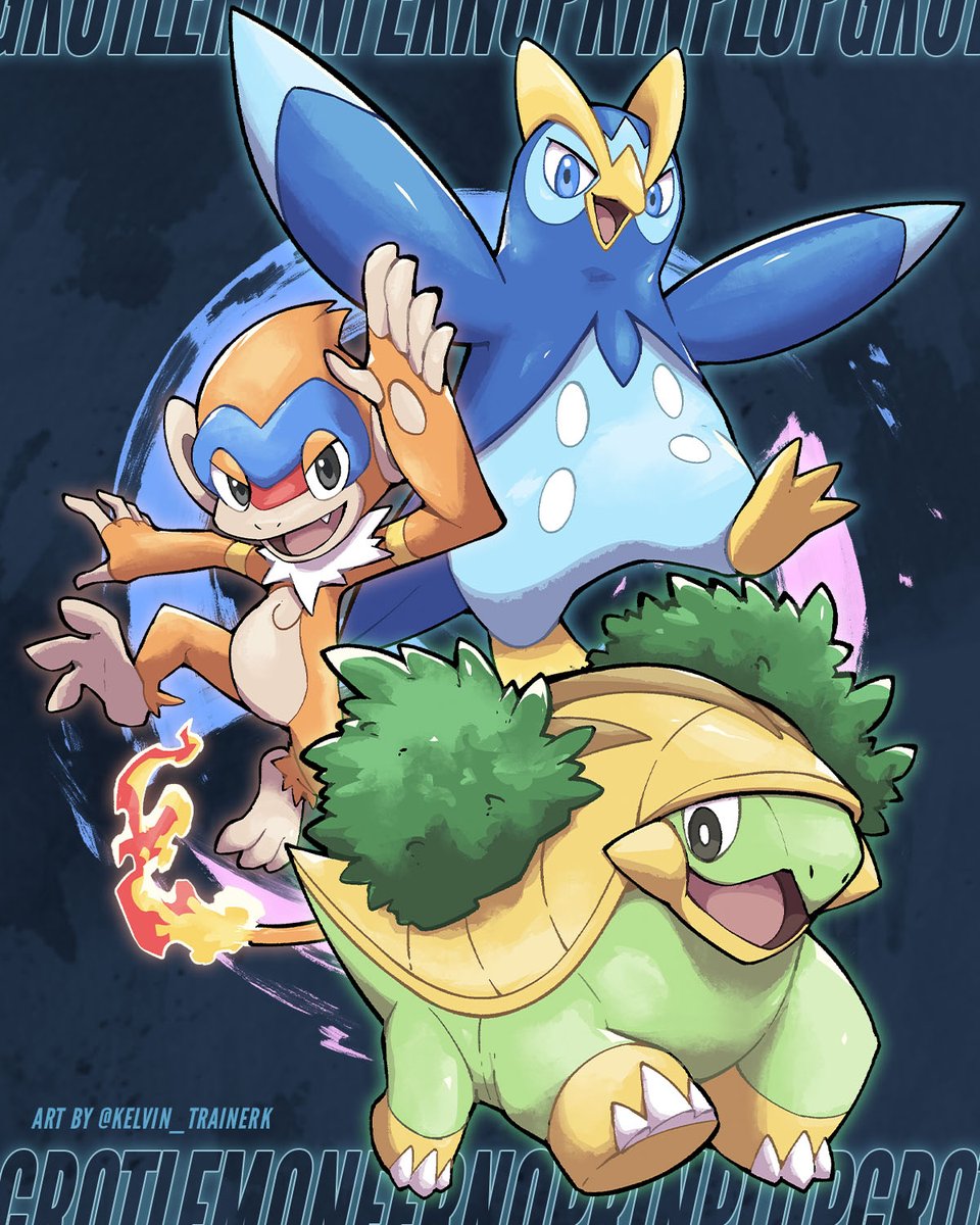 :d blue_eyes bright_pupils character_name commentary fang fire flame-tipped_tail gen_4_pokemon grotle highres kelvin-trainerk monferno nintendo no_humans open_mouth pokemon pokemon_(creature) pokemon_focus prinplup smile tail tongue twitter_username white_pupils