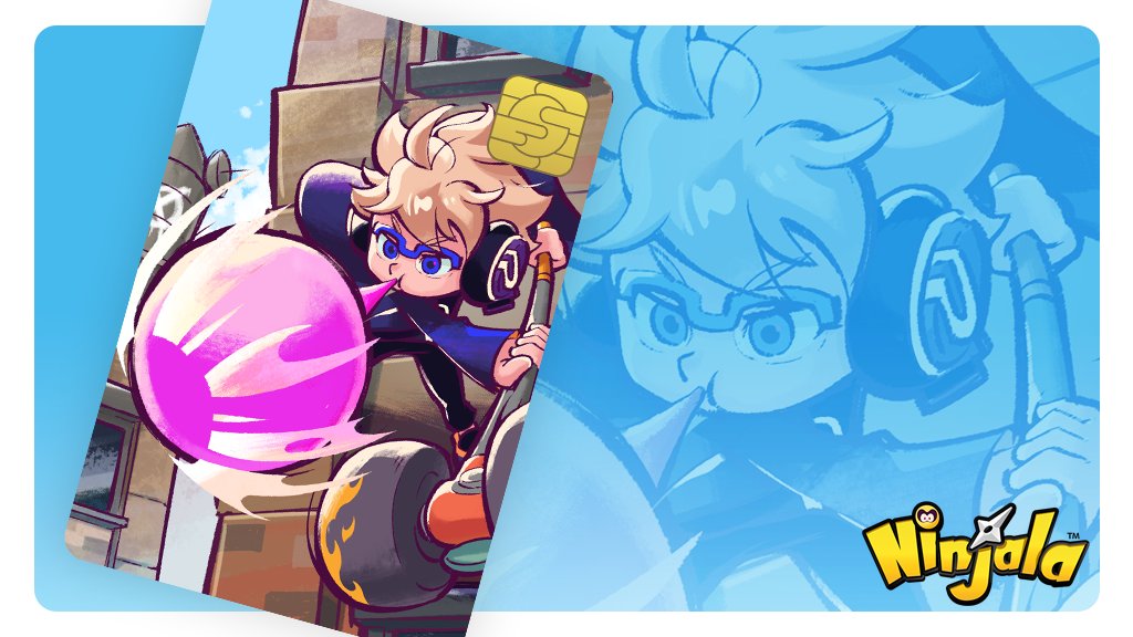 1boy apartment aqua_background black_pants black_shirt blonde_hair blowing_bubble_gum blue-framed_eyewear blue_coat blue_eyes blue_pupils blue_sky blue_sleeves border building burton_(ninjala) card character_background chewing_gum child city coat commentary copyright_name copyright_notice english_commentary english_text fluffy_hair gameplay_mechanics graffiti gungho hammer headphones holding holding_hammer legs_apart logo long_sleeves ninjala official_art orange_shoes outdoors outline pants projected_inset purple_outline rianti-wong second-party_source semi-rimless_eyewear shirt shoes short_hair shuriken sk8_hammer_(ninjala) sky sneakers solo two-sided_sleeves v-shaped_eyebrows weapon white_border window