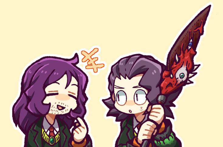 +++ 2boys black_swan_(e.g.o) closed_eyes collared_shirt commentary_request e.g.o_(project_moon) employee_(project_moon) facial_hair green_jacket green_vest hatake_shimeji holding holding_sword holding_weapon jacket lobotomy_corporation long_hair long_sleeves male_focus matching_outfits medium_hair mimicry_(e.g.o) multiple_boys necktie nugget_(project_moon) open_clothes open_jacket open_mouth project_moon purple_hair red_necktie shirt simple_background smile soda_(e.g.o) stubble sword vest weapon white_shirt yellow_background