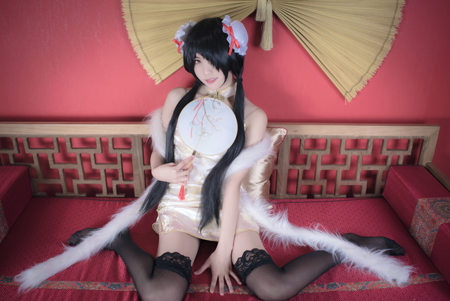 1girl artist_request asian bare_shoulders black_hair black_thighhighs bun_cover china_dress chinese_clothes color_contacts cosplay date_a_live double_bun dress feather_boa female_focus hair_bun hair_over_one_eye hand_fan indoors lace lace-trimmed_legwear lace_trim long_hair looking_at_viewer makeup mascara no_shoes parted_lips photo_(medium) red_eyes short_china_dress sitting sleeveless sleeveless_dress solo thighhighs tokisaki_kurumi tokisaki_kurumi_(cosplay) twintails wariza zettai_ryouiki