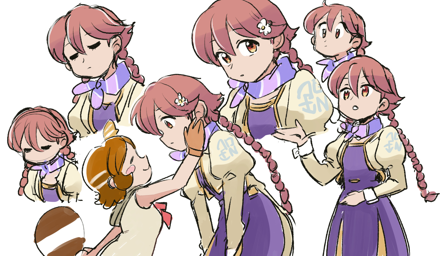 2girls apocalypse_hotel braid brown_eyes brown_hair cropped_jacket dress highres jacket long_hair long_sleeves looking_at_viewer multiple_girls multiple_views pink_hair ponko_procione puffy_sleeves scarf short_hair simple_background standing tsubobot twin_braids twintails white_background yachiyo_(apocalypse_hotel)